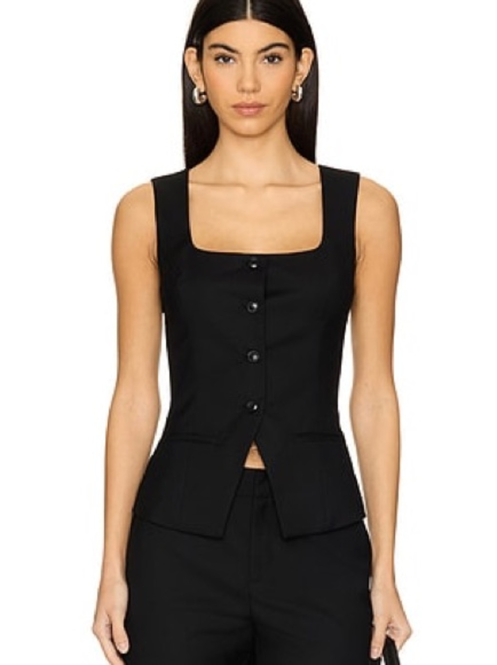 Square-Neck Buttoned Tank Top - Black